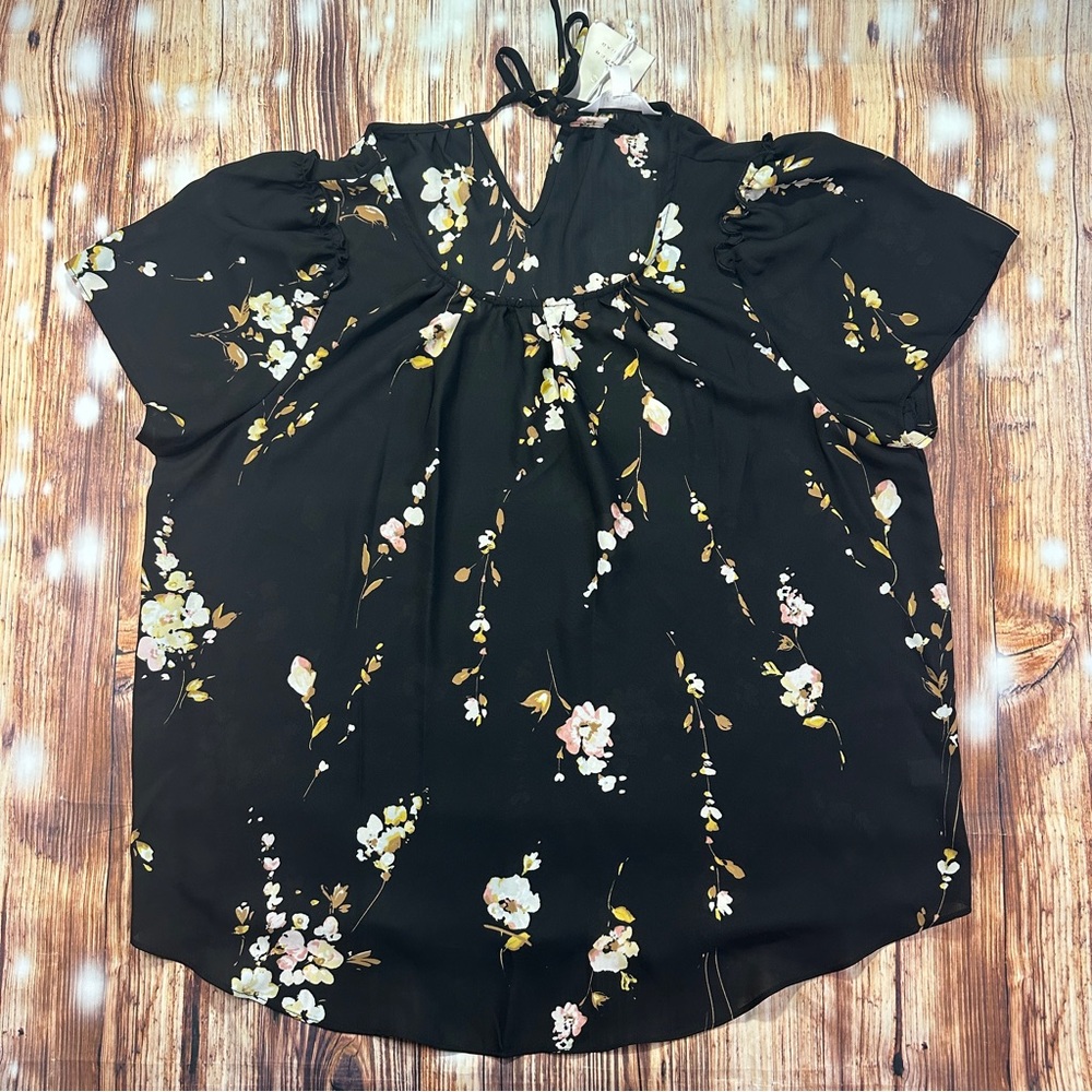 LC Lauren Conrad Blouse Top Womens Black Floral Round Neck Pleated Pullover L